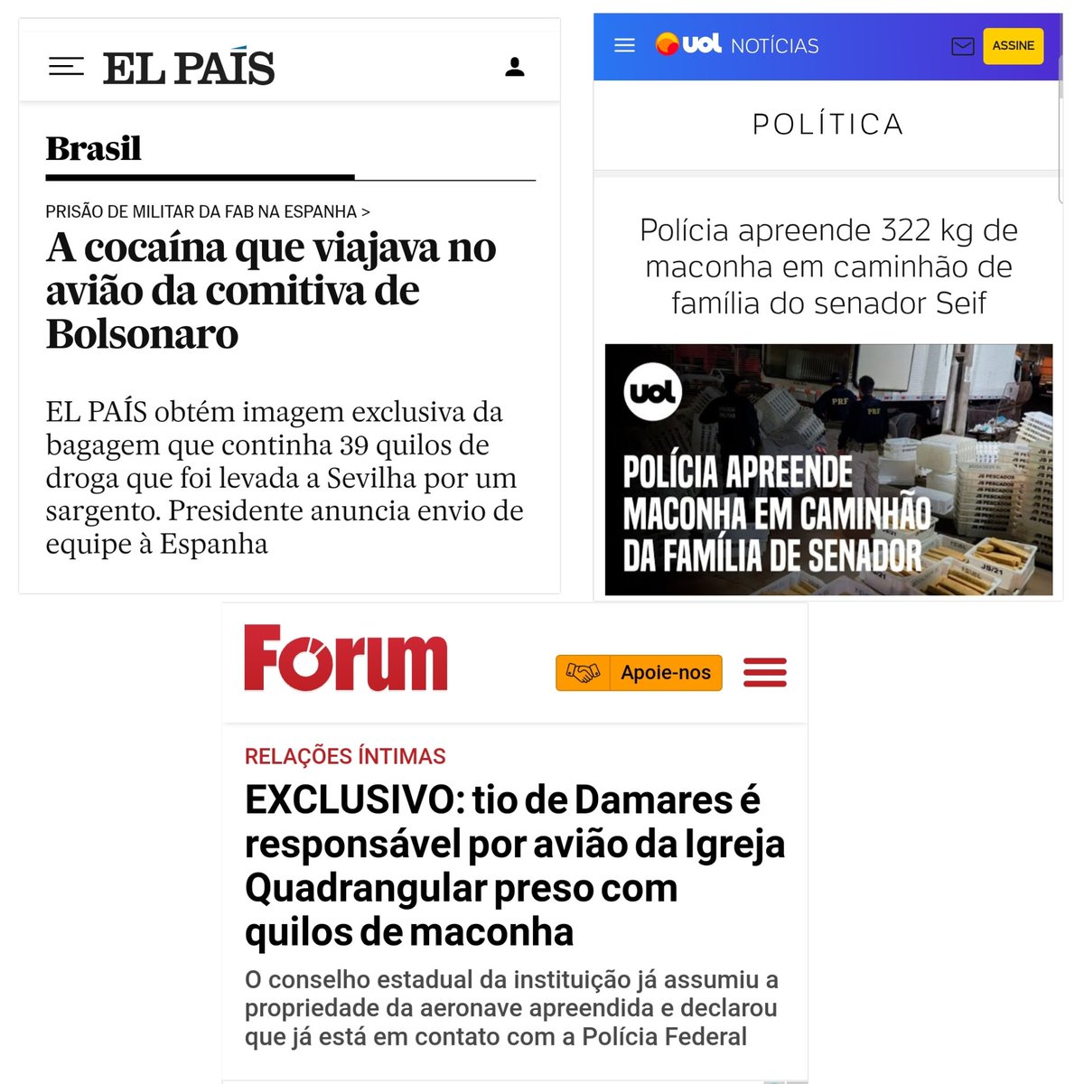 "Deus, Pátria e Família"

- 39 quilos de cocaína no avião presidencial do governo bolsonaro. 
- 290 quilos de maconha no avião da Igreja Quadrangular, de responsabilidade do tio da senadora bolsonarista Damares Alves. 
- 320 quilos de maconha em caminhão da família do senador
