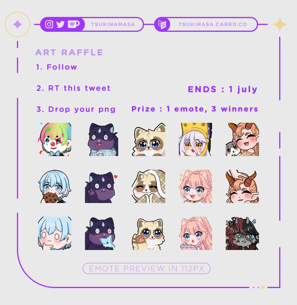 ✧.* Art raffle *.✧
Prize : 1 emote, 3 winners.

Rule :
- Follow me
- Retweet
- Drop yours pngs

End : 01 july 

‧₊˚ Website: tsukimasa.carrd.co
‧₊˚ Ko-fi: ko-fi.com/tsukimasa 

#emote #emoteartist #twitch #digitalart #commissionsopen #commission #emotes