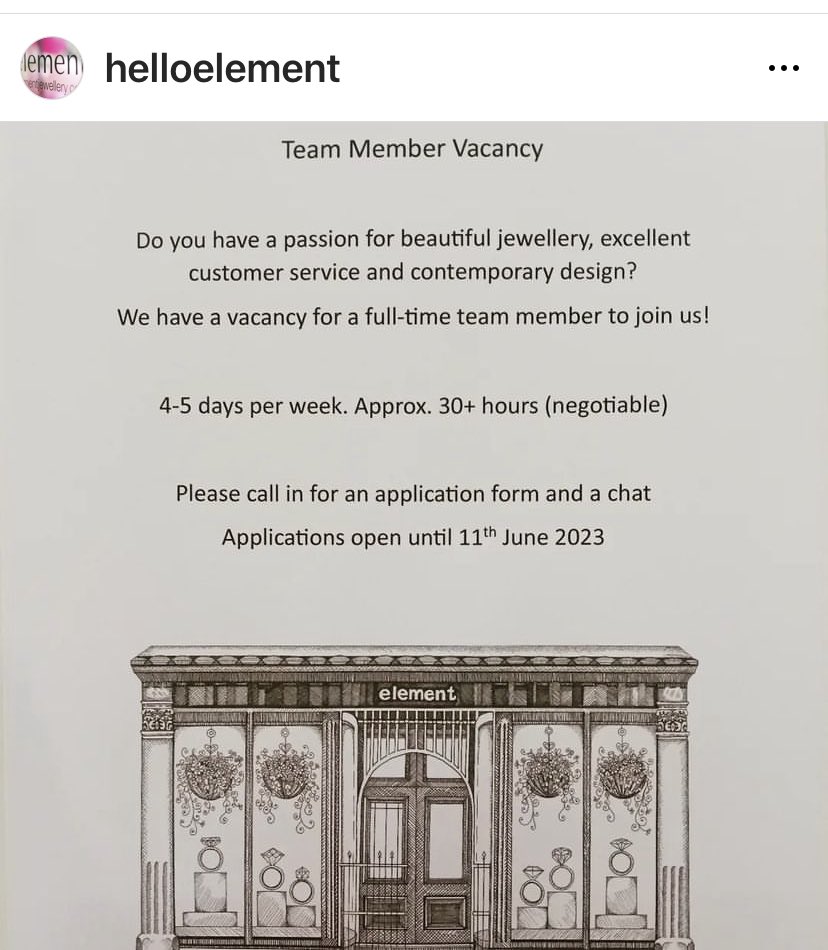 There’s a full-time job going at the best shop in Hebden Bridge, with the most amazing staff (in my opinion!) 💎💍💖@helloelement 
#jobopportunity #jewellery #retail #HebdenBridge