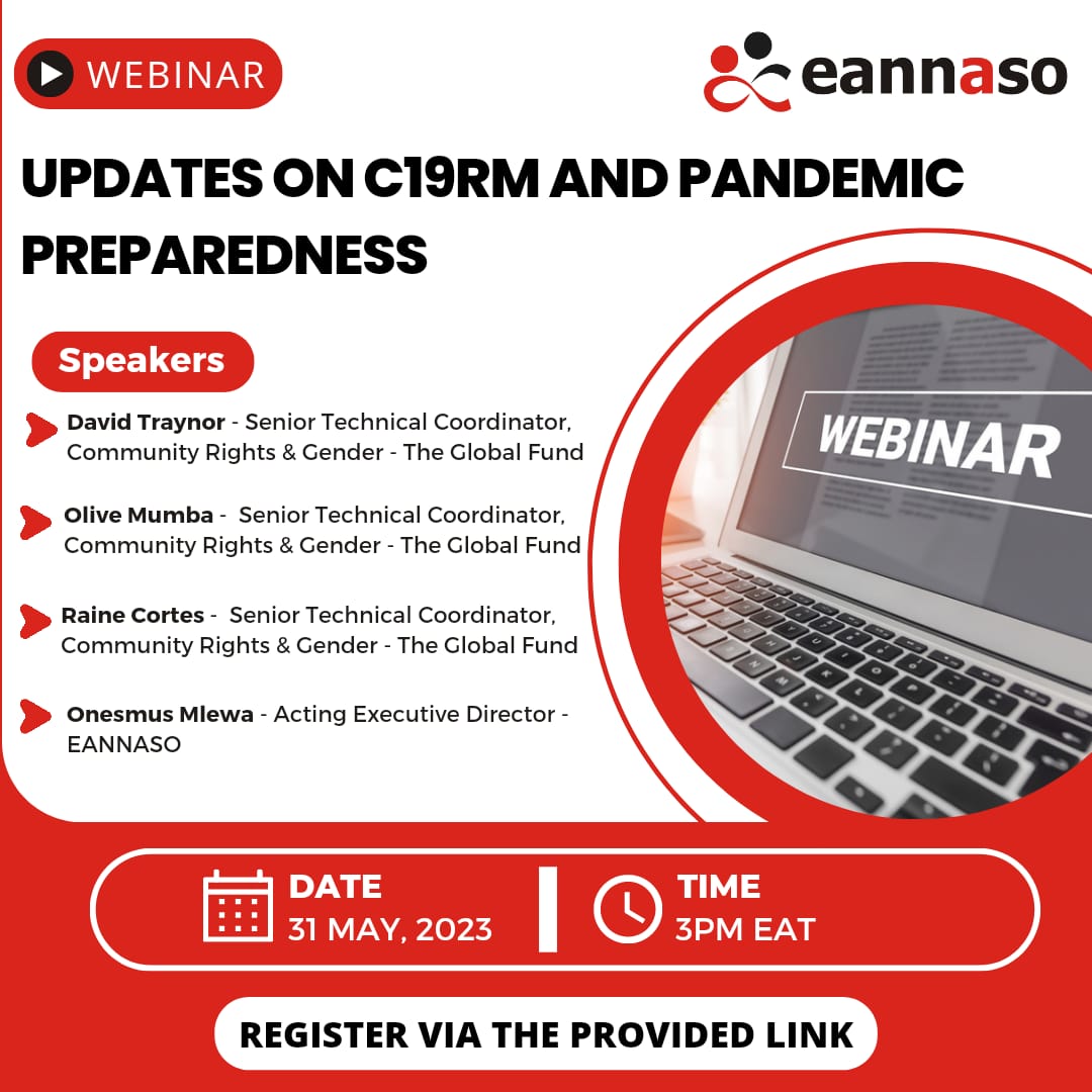 📣📣Alert: Updates on #COVID19 Response Mechanism (C19RM) & #PandemicPreparedness  webinar being hosted by @eannaso 
🗓️ 31st May 2023
⏰ 3:00pm EAT
Zoom Link shorturl.at/twFP5

@GlobalFund @GFAN_Africa @w4_gf @WACIHealth @kalama_onesmus @Glory_Chagama @GFANAP @Pandemic_Fund