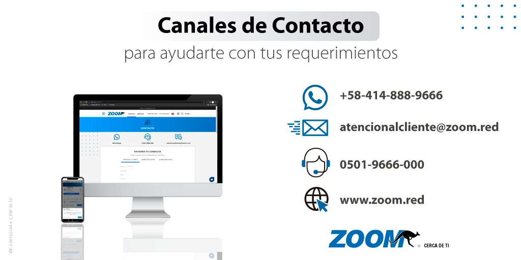 ZOOM-Atención al Cliente (@zoomenlineaatc) on Twitter photo A través de la cuenta <a href="/ZOOMenLineaATC/">ZOOM-Atención al Cliente</a> y nuestros otros canales de atención, podrás realizar todas tus consultas de nuestros servicios, en el horario de 8:00 a.m. a 5:00 p.m.
Te atenderemos gustosamente 🙂 A través de la cuenta <a href="/ZOOMenLineaATC/">ZOOM-Atención al Cliente</a> y nuestros otros canales de atención, podrás realizar todas tus consultas de nuestros servicios, en el horario de 8:00 a.m. a 5:00 p.m.
Te atenderemos gustosamente 🙂