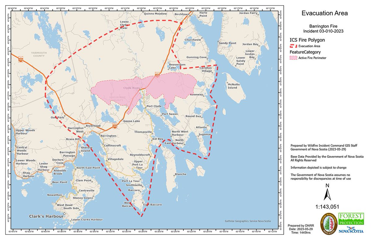 This a mid-day map of the active fire area (in pink) and the evacuation perimeter (red line) in the Barrington area. The public is not permitted in the area. 

For further information regarding evacuations and comfort centres, visit facebook.com/shelburneemo