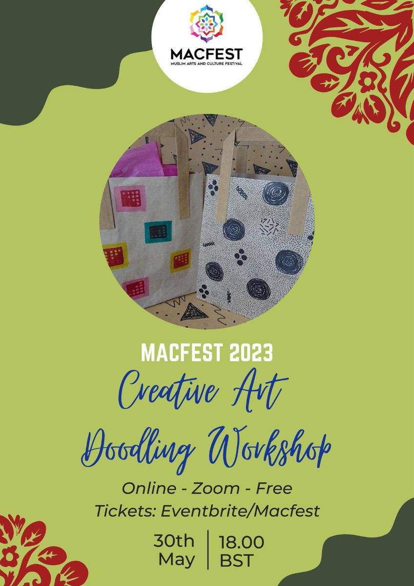 #macfest2023 - Join us tomorrow to dive into the world of Creative Art Doodling! As part of the #Eid #celebration #workshop #art
 Book here:
eventbrite.co.uk/e/macfest-2023…
Decorate your own gift wrap or gift bag with @aminasartdesign
@QaisraShahraz 
@mcrwire