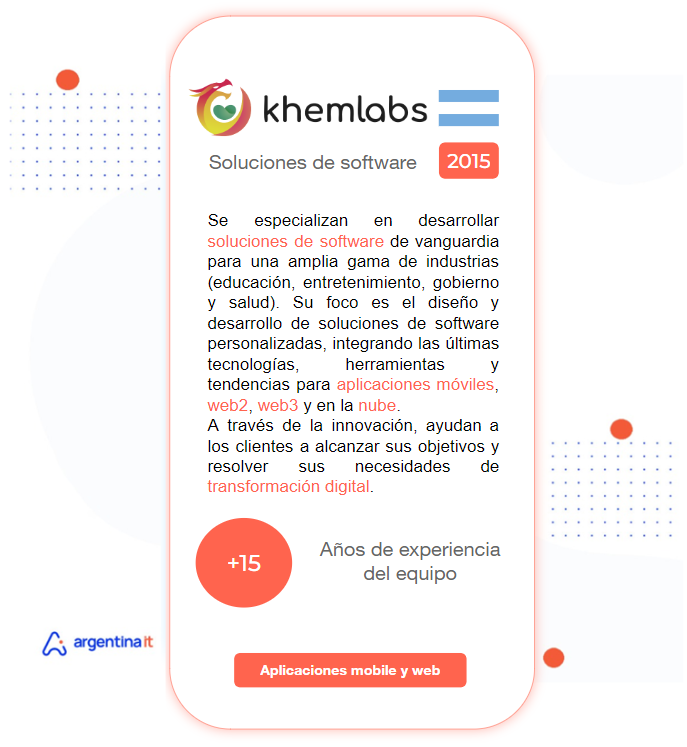 RedArgentinaIT1's tweet photo. Les presentamos a @khemlabs, una empresa dedicada al desarrollo de soluciones de software de vanguardia para diversas industrias. Gracias por formar parte de nuestra Red! Si vos también querés sumar tu empresa a la Red, comunicate con nosotros a mercados@redargentinait.com #IT https://t.co/LBl2uAfYAO