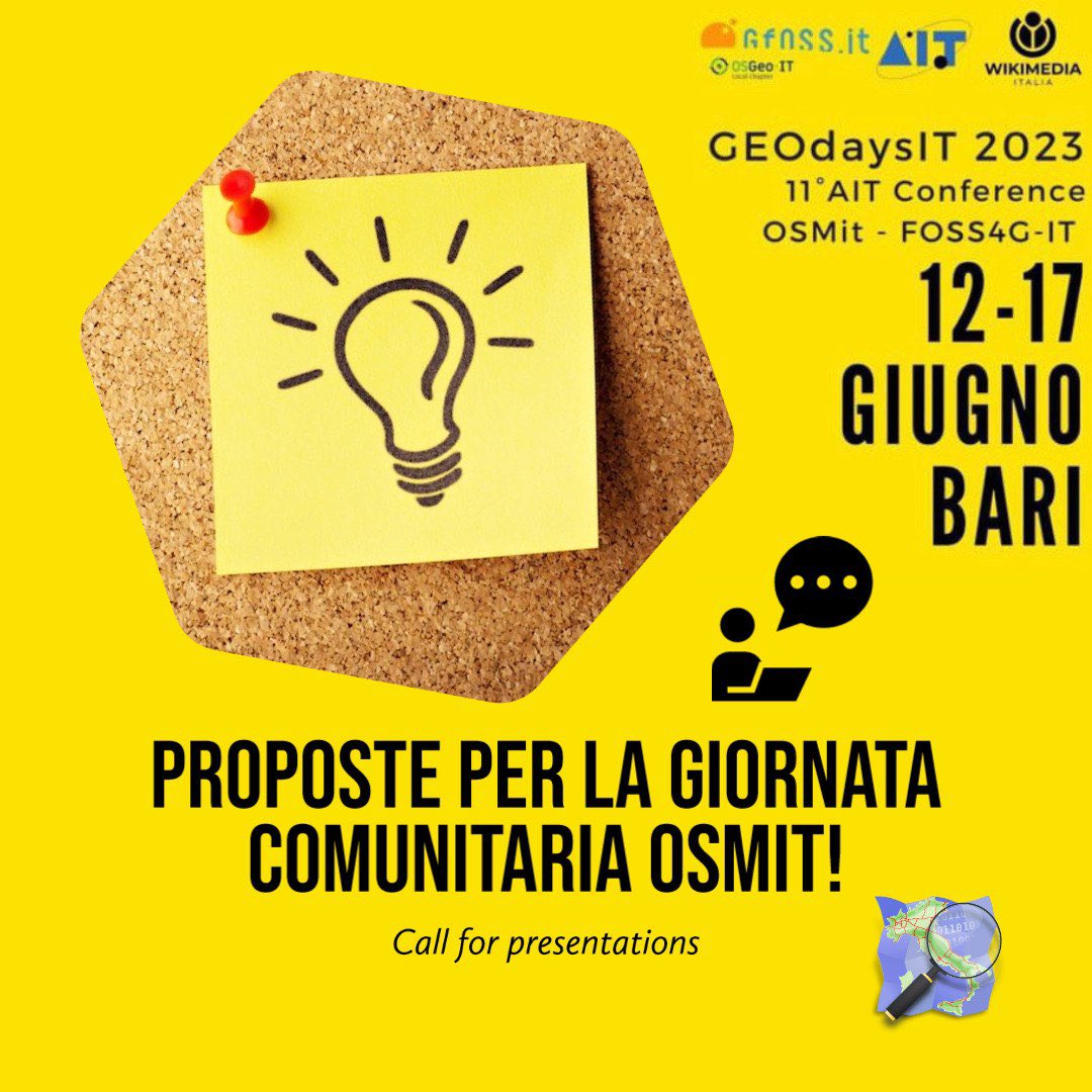 Mancano pochi giorni a GEOdaysIT 2023! 🗓️
Hai un’idea o un progetto #OpenStreetMap da raccontare?

Per sabato 17 giugno stiamo organizzando la giornata OSMIt con mapathon con presentazioni di 10 min circa per dare spazio a chiunque voglia condividere progetti e iniziative 💻
