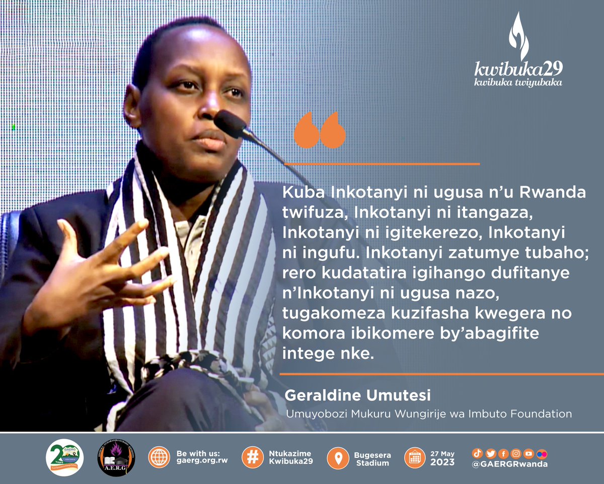 Inkotanyi ni ingufu
Inkotanyi ni itangaza
Inkotanyi ni igitekerezo
Inkotanyi zatumye tubaho
Kuba Inkotanyi rero ni ugusa n’u Rwanda twifuza
Kudatatira igihango dufitanye n’Inkotanyi ni ugusa nazo [...]

- <a href="/G_Umutesi/">Geraldine Umutesi</a> | 🕯️ #Ntukazime | #Kwibuka29