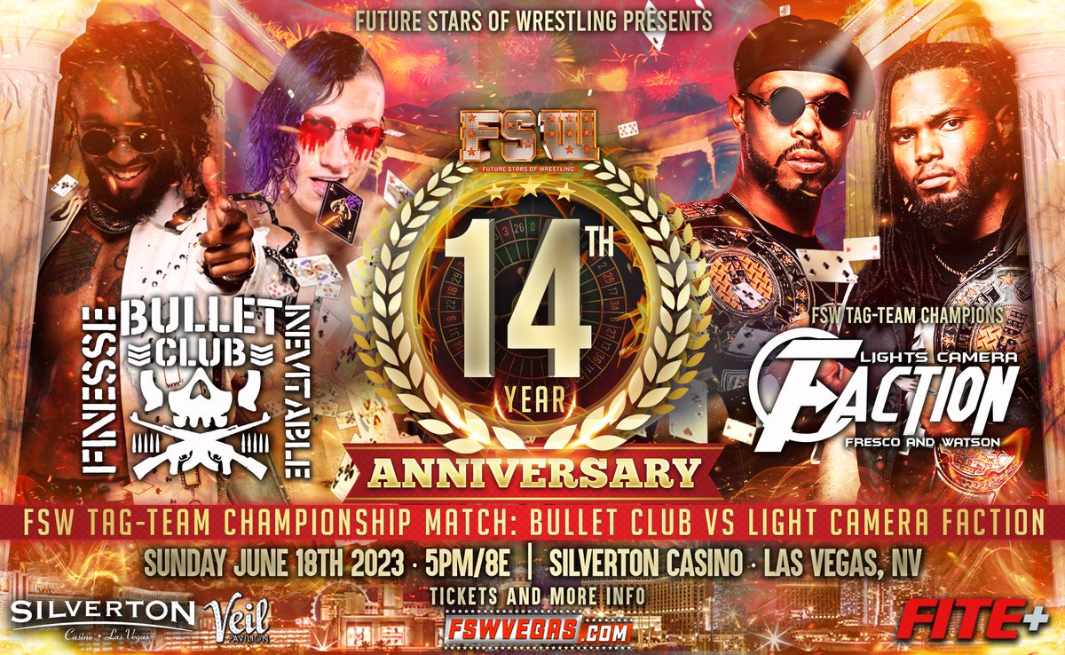 FSWVegas's tweet image. ICYMI

#FSW14 on Sunday June 18 at 5p/8e streaming LIVE from #LasVegas on @FiteTV+!

𝙇𝙞𝙣𝙚𝙪𝙥
Tag Titles: #Faction vs #ABC 
Women's: Viva vs Riveter 
NV State: Sharpe vs BMC vs JAY vs Remy 

More matches to be announced tonight!

🎟️tinyurl.com/FSW14tix