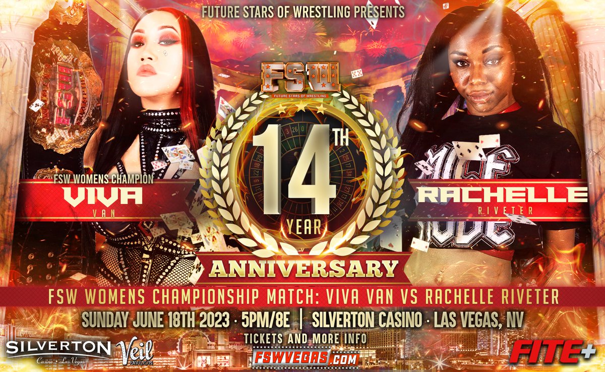 FSWVegas's tweet image. ICYMI

#FSW14 on Sunday June 18 at 5p/8e streaming LIVE from #LasVegas on @FiteTV+!

𝙇𝙞𝙣𝙚𝙪𝙥
Tag Titles: #Faction vs #ABC 
Women's: Viva vs Riveter 
NV State: Sharpe vs BMC vs JAY vs Remy 

More matches to be announced tonight!

🎟️tinyurl.com/FSW14tix