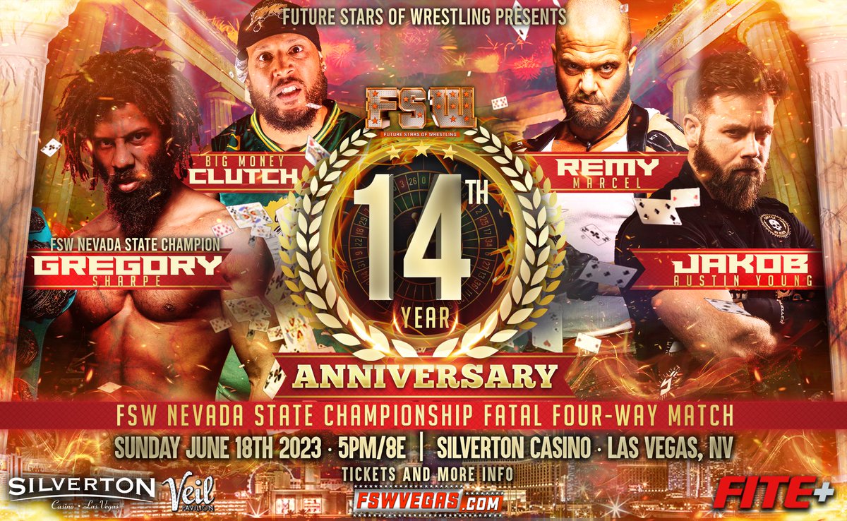 FSWVegas's tweet image. ICYMI

#FSW14 on Sunday June 18 at 5p/8e streaming LIVE from #LasVegas on @FiteTV+!

𝙇𝙞𝙣𝙚𝙪𝙥
Tag Titles: #Faction vs #ABC 
Women's: Viva vs Riveter 
NV State: Sharpe vs BMC vs JAY vs Remy 

More matches to be announced tonight!

🎟️tinyurl.com/FSW14tix