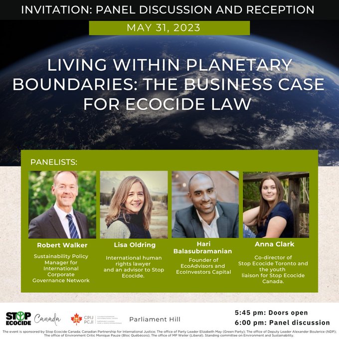 On May 31, <a href="/StopEcocideCan/">Stop Ecocide Canada</a> and CPIJ will host an in-person panel-event and reception.  

🎙️‘LIVING WITHIN PLANETARY BOUNDARIES: THE BUSINESS CASE FOR ECOCIDE LAW’  

🗨️Live in #Ottawa. 
🔔More info and RSVP here: stopecocide.earth/events/living-…
#StopEcocide #EndEcocide #EcocideLaw