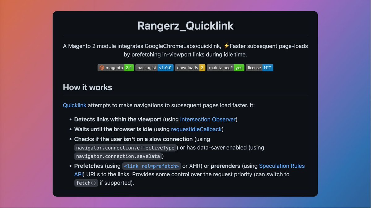 MarkShust's tweet image. Here's a newer Magento 2 module on GitHub that is pretty neat: rangerz/magento2-module-quicklink

This module uses Google's "Quicklink" tech. This makes subsequent page loads faster by prefetching &amp;amp; prerendering in-viewport links at idle.

Grab it at github.com/rangerz/magent…