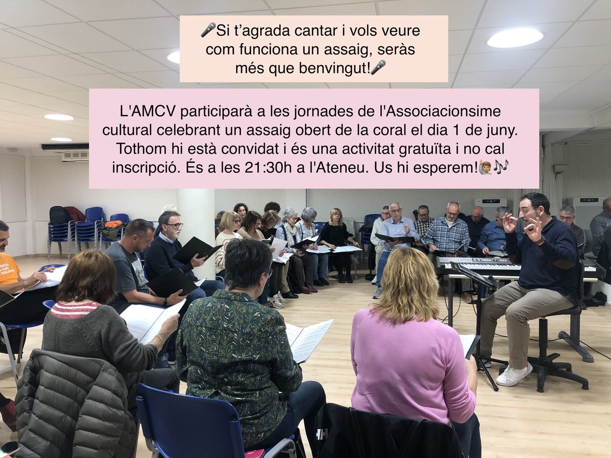 Si t’agrada cantar i vols veure con funciona un assaig, seràs més que benvingut!
Per les jornades de l'Associacionsime cultural celebrant un assaig obert de la coral el dia 1 de juny. És una activitat gratuïta i no cal inscripció. És a les 21:30h a l'Ateneu. Us hi esperem! 🙋🏽🎶