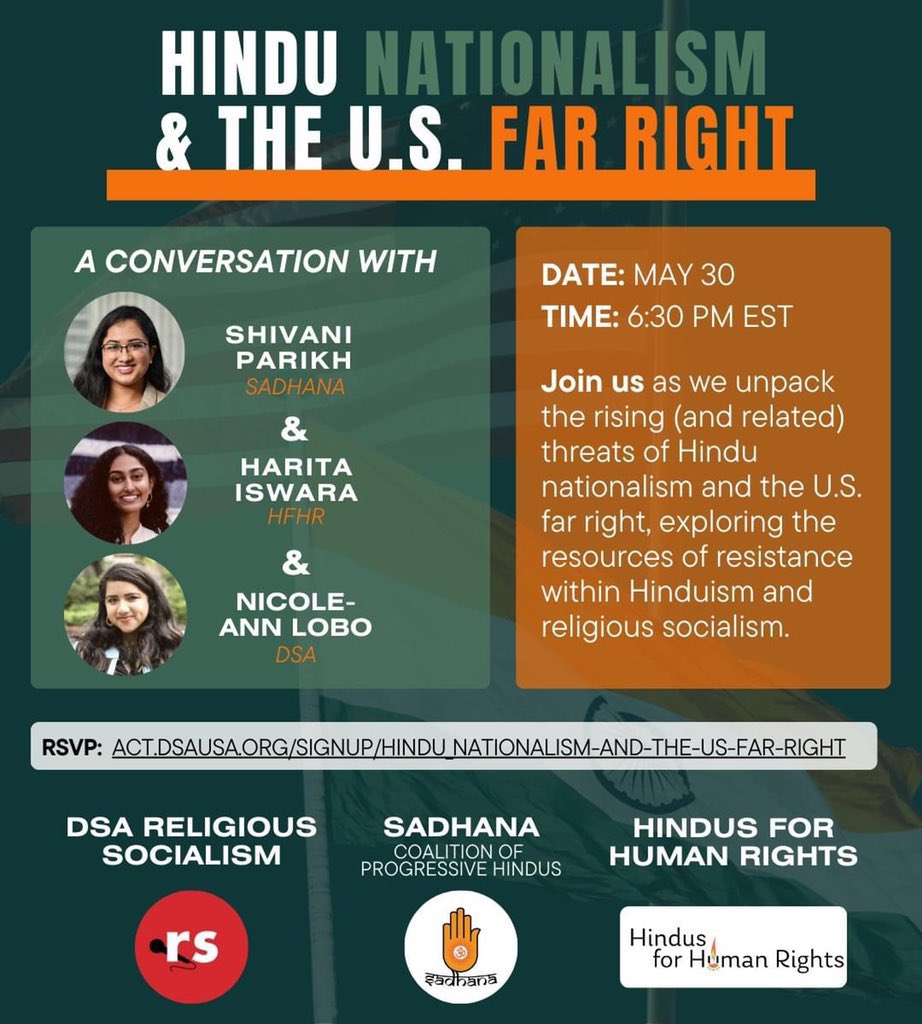 ReligSocialism's tweet photo. 💥📢TOMORROW at 630 PM EST📢 💥

Join us, @SadhanaHindus and @Hindus4HR for a teach-in on the US and Indian far-right alliances, Hindutva in US public life, and ongoing anti-caste discrimination litigation. There will be plenty of time for Q&amp;A.

Register: https://t.co/3mCaX0cwUQ https://t.co/Bfj7dMT6S9
