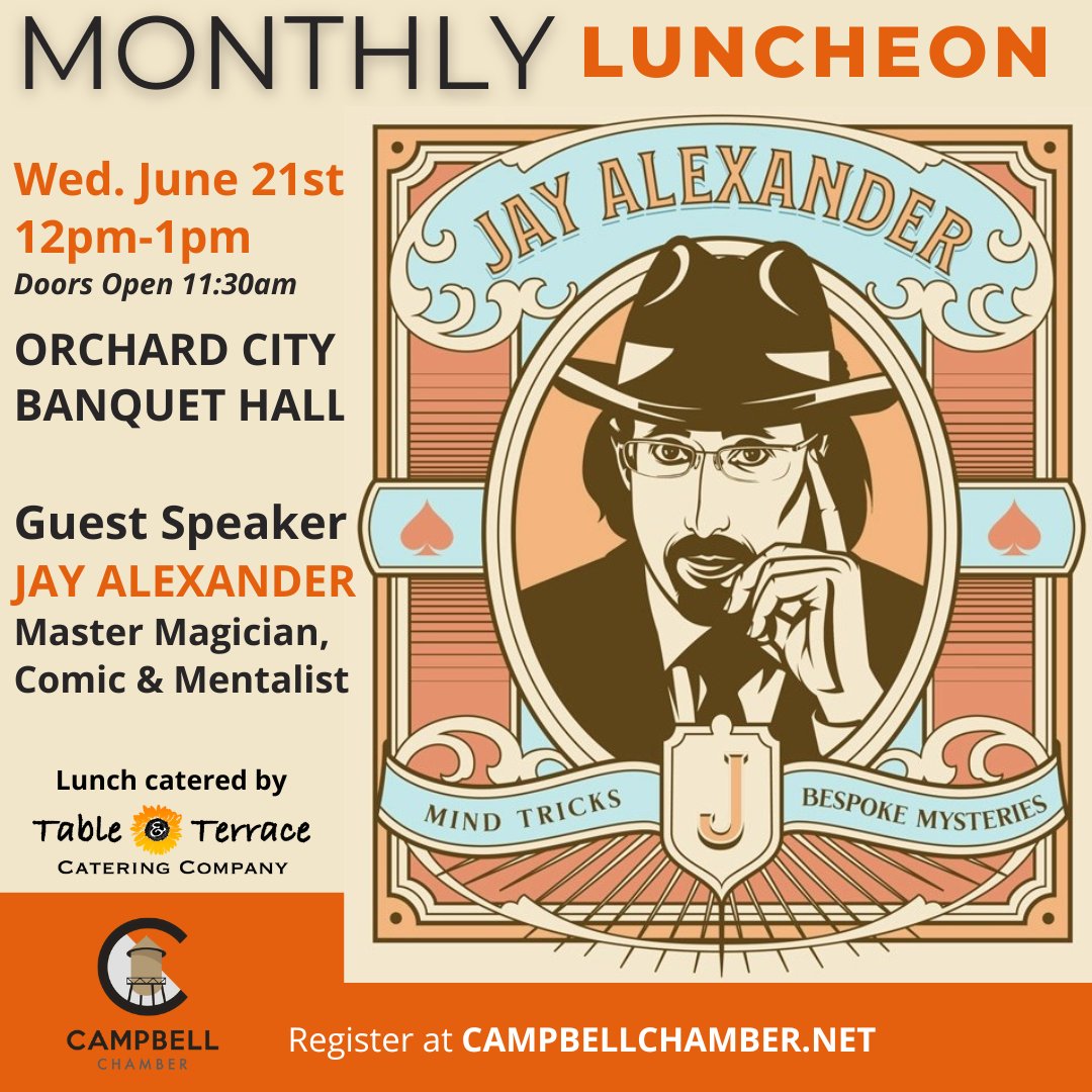 Chamber Enews for the Week of May 29th through June 2nd, 2023

Chamber Office Closed for Memorial Day 🇺🇸

Master 🪄 Magician &amp; Mentalist JAY ALEXANDER is our Luncheon Speaker-Be Sure to Register to Save Your Spot!

Membership 101 NEXT Tuesday

More info
conta.cc/3OHq8j5