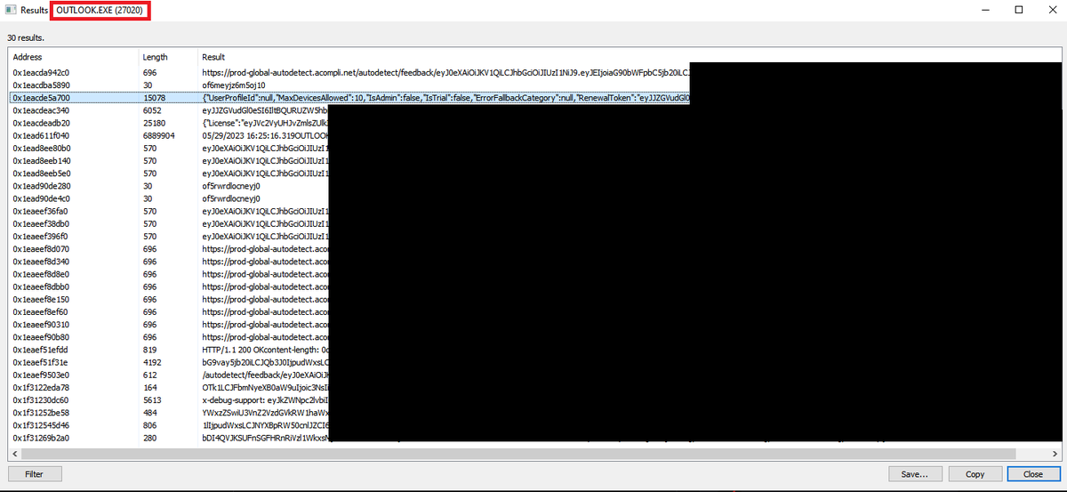 mrd0x's tweet photo. Reminder that creating a memory dump of Outlook.exe not only produces access tokens but also potentially sensitive email content. https://t.co/HM2m8h35hD