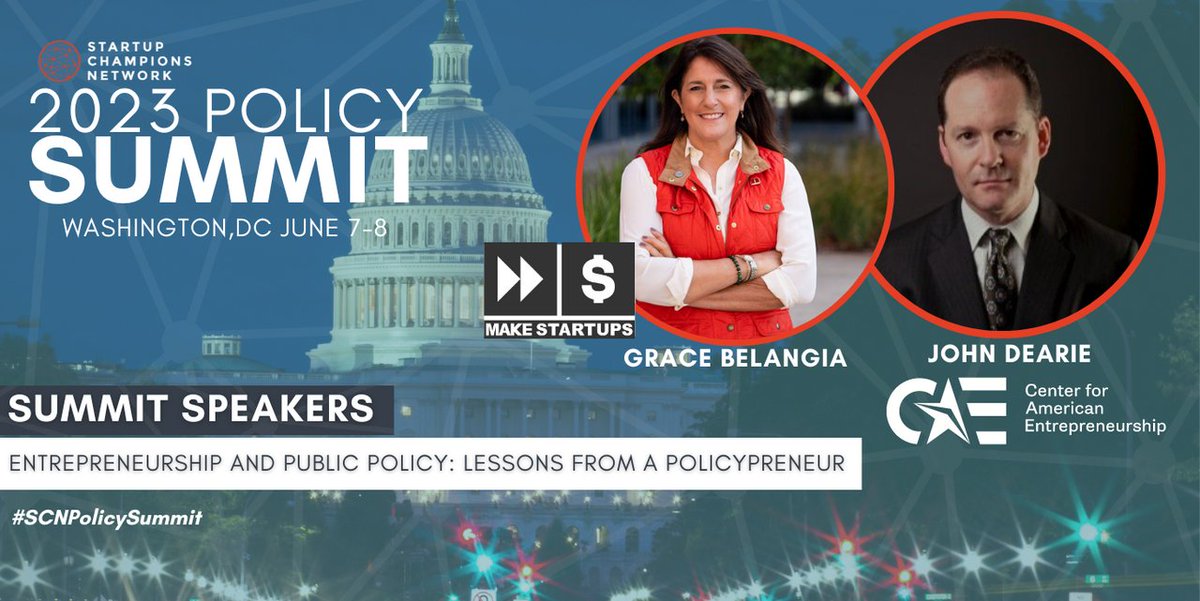 We're excited to welcome John Dearie, the Founder and President of <a href="/startupsUSAorg/">Center For American Entrepreneurship</a> to the #SCNPolicySummit! John will join <a href="/GraceBelangia/">Grace Belangia</a> of <a href="/MakeStartups/">MakeStartups</a> to discuss the mission of CAE, its policy agenda and progress to date, and key lessons ➡️ bit.ly/SCNPolicySummit