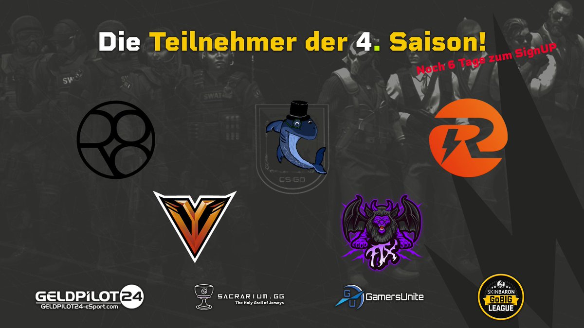 Gleich 4 neue Wettstreiter dürfen wir heute begrüßen:
<a href="/Fentex_eSports/">Fentex eSports</a> Main
Elegant Sharks
<a href="/RISINGFIVE_CS/">RisingFive</a> 
<a href="/Rapid_8/">.Rapid8</a> 
<a href="/VenaryEU/">Venary</a> Flames
#Demo_League