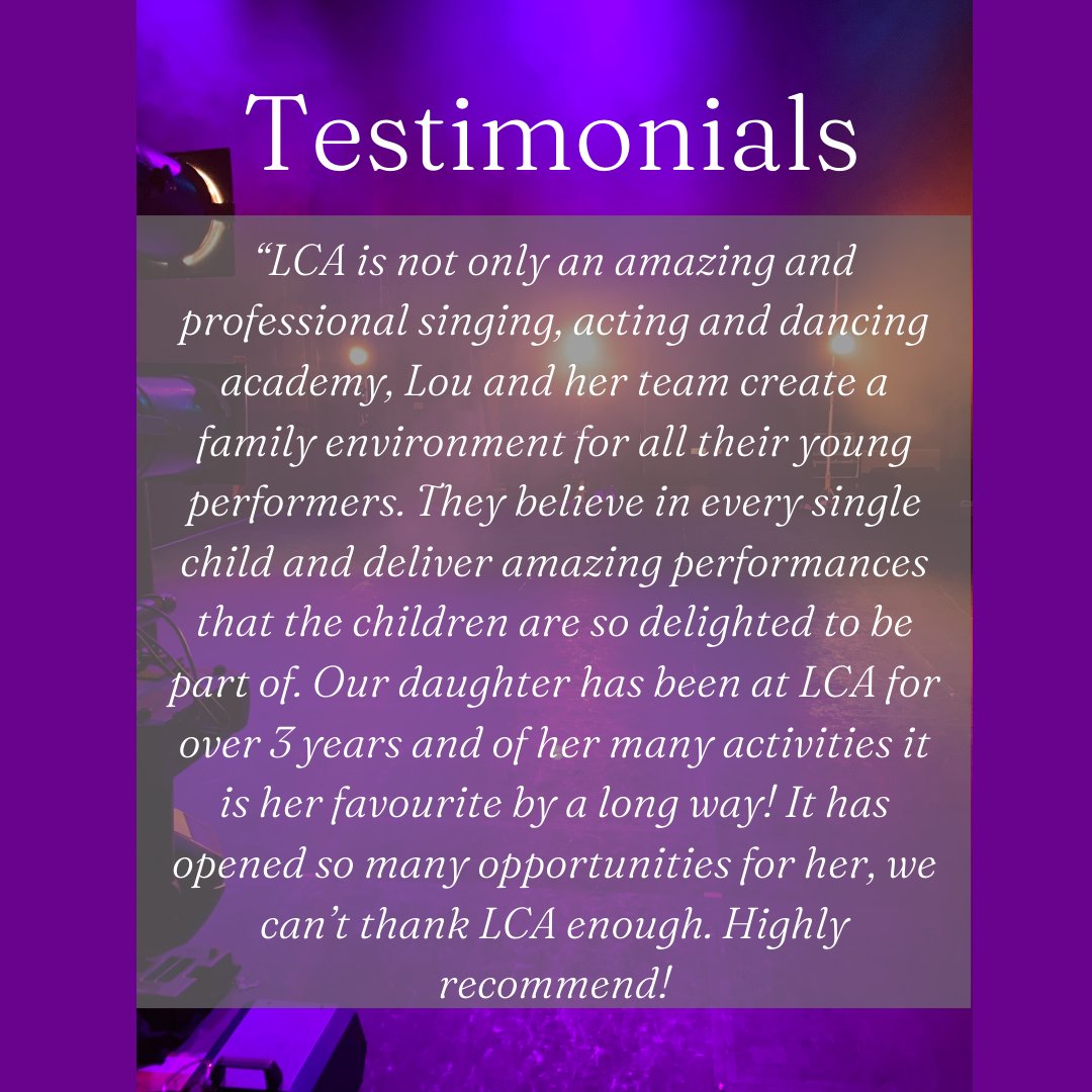 🎶🎭💜 Testimonial 💜🎭🎶

#lca #lcafamily #lcastageacademy #performingarts #oxted #surrey #tandridge #redhill #reigate #caterham #warlingham #westerham #woldingham #theatreschool #stageacademy #learn #grow #sing #dance #act