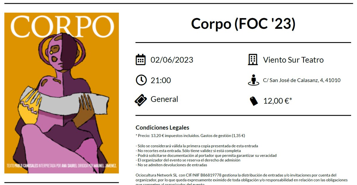 pabloMorterero's tweet photo. Ya tengo mi entrada para ver #Corpo, la obra del #6FOC que tratará sobre las intersexuales. Una obra de Pablo Canosales, dirigida por Manu Jiménez e interpretada por Ana Saurel. Deseando que llegue este viernes #2dejunio.
#SevillaEsDiversidad https://t.co/8sqPrHbhzR