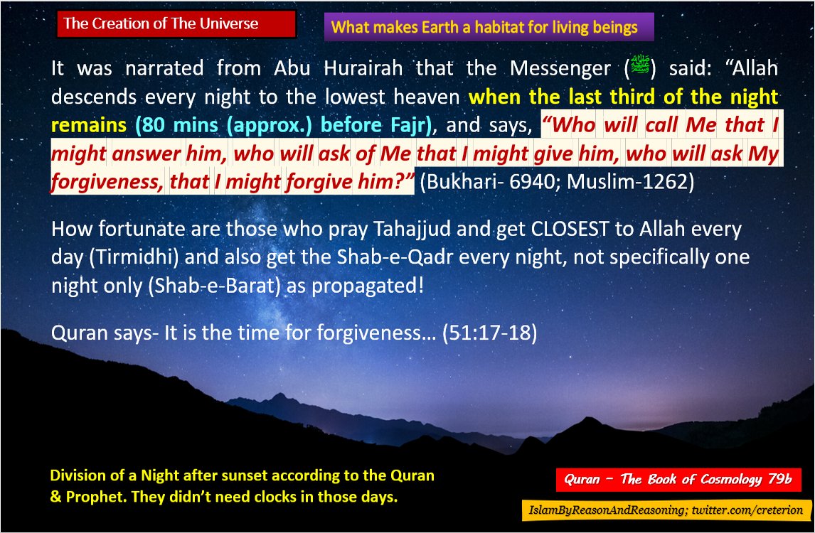 It is often propagated that Allah descends to the 1st heaven in Shab-e-Qadr of Shab-e-Barat (Indo-Pak-Bangla) festival of the 15th Shaban. Surprisingly Allah descends EVERY NIGHT to the lowest heaven to forgive His followers. Allahs Messenger (ﷺ) said 'The most beloved prayer to