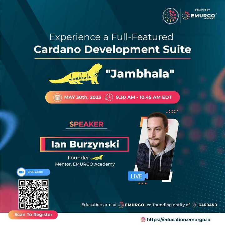 'Jambhala' is a Full Feat Full-Featured Cardano Development Suite by @emurgo_in.

It will simplify building on #Cardano!

Register for the launch & fireside chat with Ian Burzynski, founder of EMURGO Academy.

The webinar will be tomorrow, May 30th.

Link below: