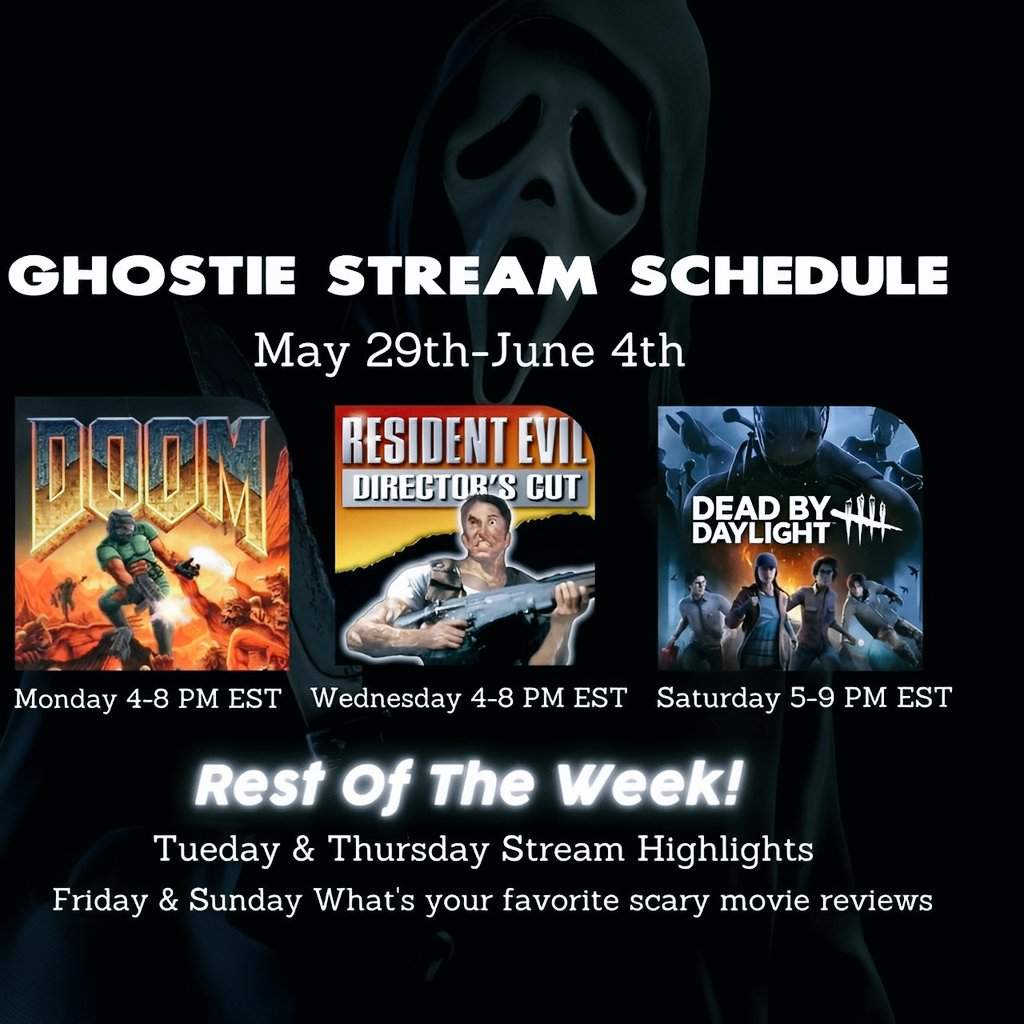 MercilesGhostie's tweet photo. Stream schedule for the week! I'm so excited to be back! We're off the races now! #twitchaffiliate #twitchstreamer #slasherparty #screamteam #horrorstreamer https://t.co/U36TxObxov