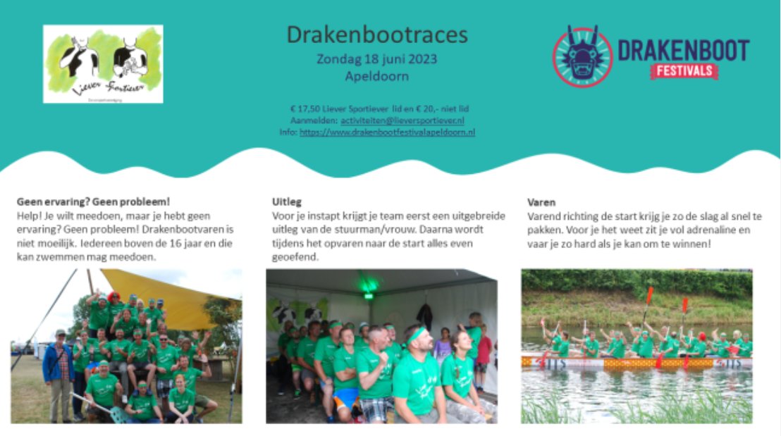 Heb je het al gezien dat Liever Sportiever mee gaat doen met de drakenbootrace?

We hebben deelnemers nodig.

Wil jij meedoen?

Kijk voor info op lieversportiever.nl/agenda/drakenb…

Wil jij dit berichtje please delen?
