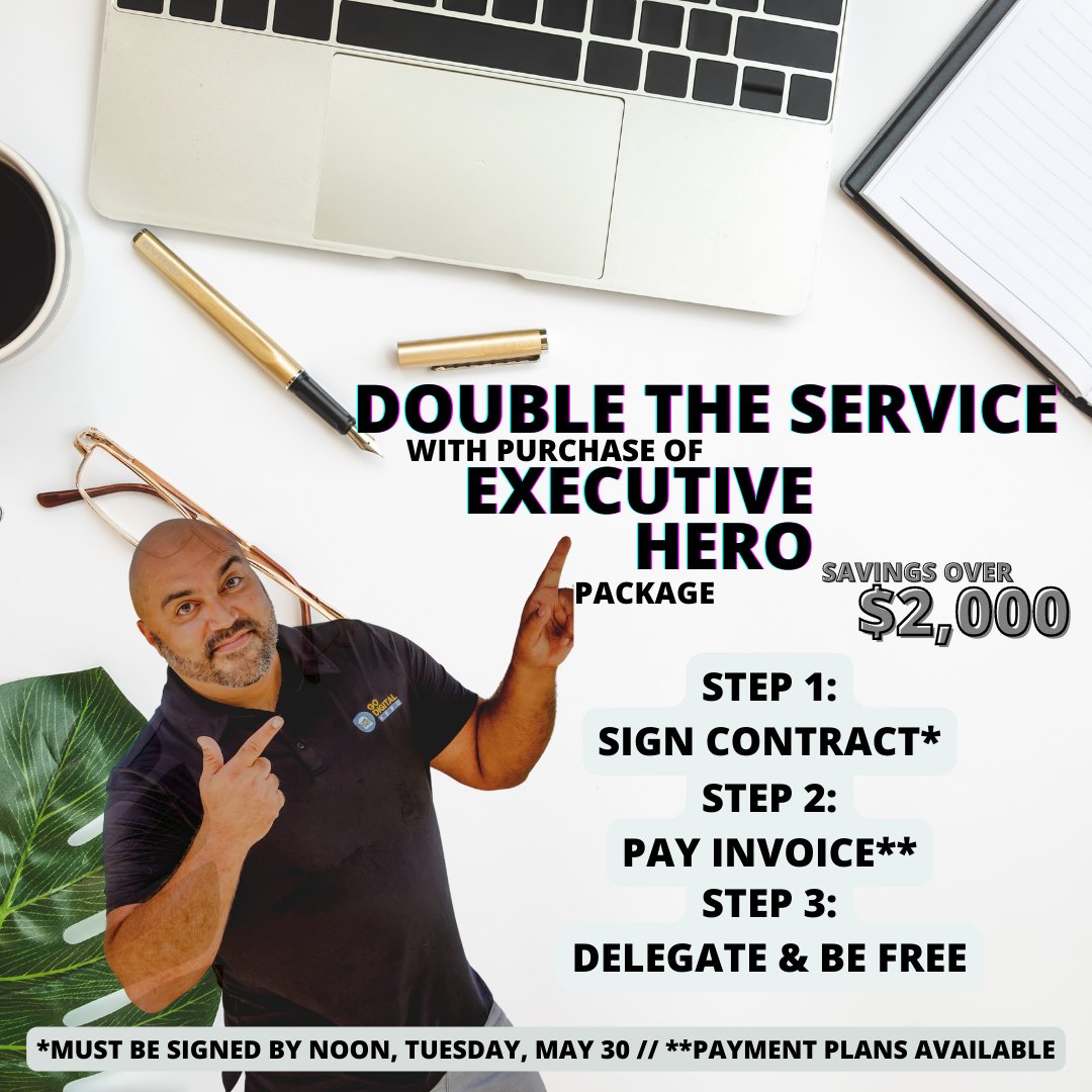 GoDigitalHero's tweet image. 🌟🌟BOGO 𝗙𝗹𝗮𝘀𝗵 𝗦𝗮𝗹𝗲🌟🌟
Get TWO months of Executive Hero Support with the Purchase 1-month*
Savings over $2,000. 🔗bit.ly/GDHMemorialSale
#entrepreneur #Godigitalhero #LGBTowned #veteranowned
*Contract must be signed by noon, Tuesday, May 30 // **Payment Plan Available