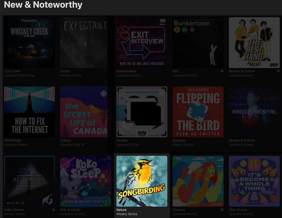 😮 Songbirding made it to New & Noteworthy for @ApplePodcasts Canada today! 🎉🥳 Not just nice to see this for the obvious reasons, but so grateful they will include independent podcasts in their promotions.

Just in time for bird breeding season as well!

#birding #podcast