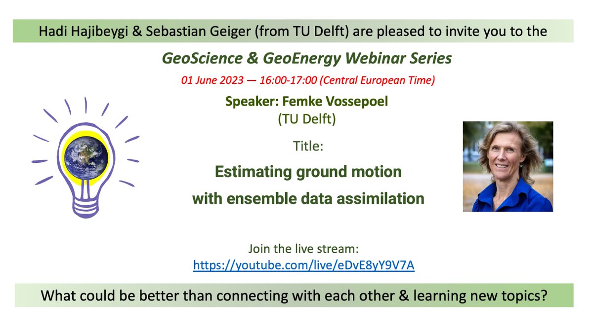 Next #GeoScience & #GeoEnergy #Webinar will feature Femke Vossepoel from @TUDelft_CT who will speak about #data #assimilation for #ground #motion estimation. Tune in to the channel youtube.com/live/eDvE8yY9V…  at 16:00 CET sharp on 1 June @GeoenergyProf