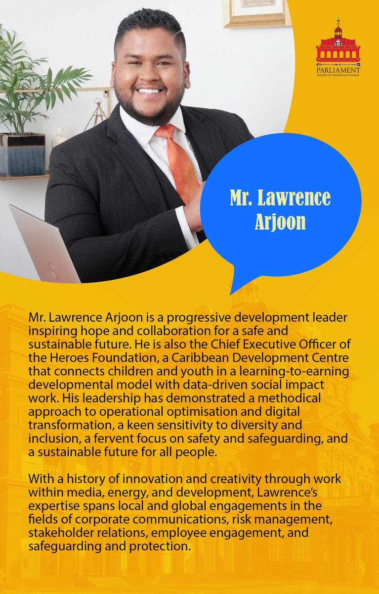 TTParliament's tweet photo. Mr. Lawrence Arjoon will be 1 of 6 panelists discussing the topic "Youth and the Budget Process" on Thursday June 1, 2023 at 11:00 a.m. He is the Chief Executive Officer of the Heroes Foundation.
View LIVE:
https://t.co/oLOyh4zfy8
#ispeakforpeace @commonwealthsec #Commonwealth https://t.co/txOT5o7ldb