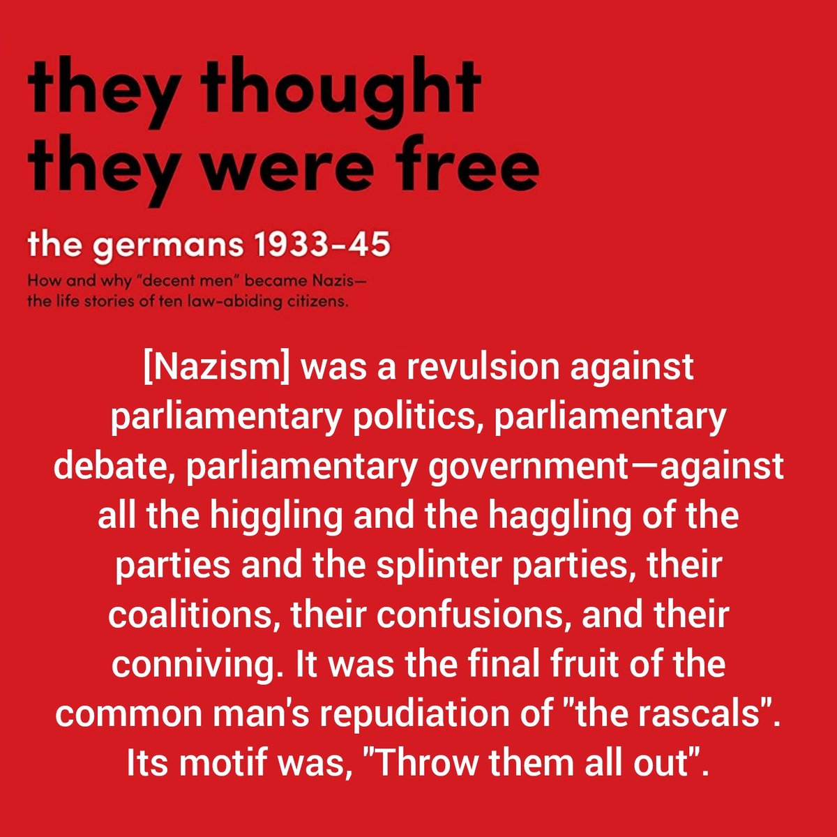 While Pierre references Orwell, I'll quote non-fiction instead

Yes, alluding to 30's-40's fascism can be controversial/disrespectful. Depends on context

Not saying Poilievre is Hitler

But read this book & tell me it doesn't sound MORE familiar than 1984

#cdnpoli #Freedumbers