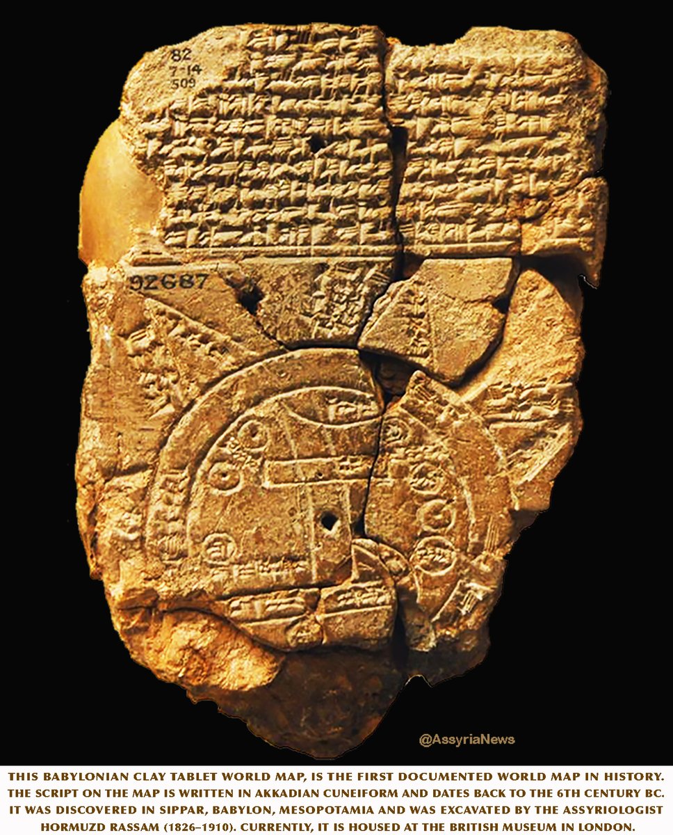 This Babylonian clay tablet #worldmap is the first documented world map in history. The script on the map is written in #Akkadian #cuneiform and dates back to the 6th . BC.in #Sippar, #Babylon, #Mesopotamia was excavated by the #Assyriologist #HormuzdRassam