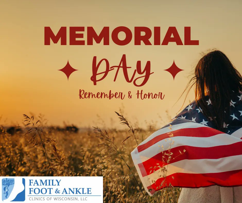 Happy Memorial Day! We are closed today in honor of the Holiday and will reopen tomorrow!
Enjoy!
.
.
.
#familyfootandankleclinicsofwi #wisconsin #podiatricmedicine #footmedicine #anklemedicine
#footdoctor #anklecare #footcare #foothealth #podiatry #podiatryofwi #footpain