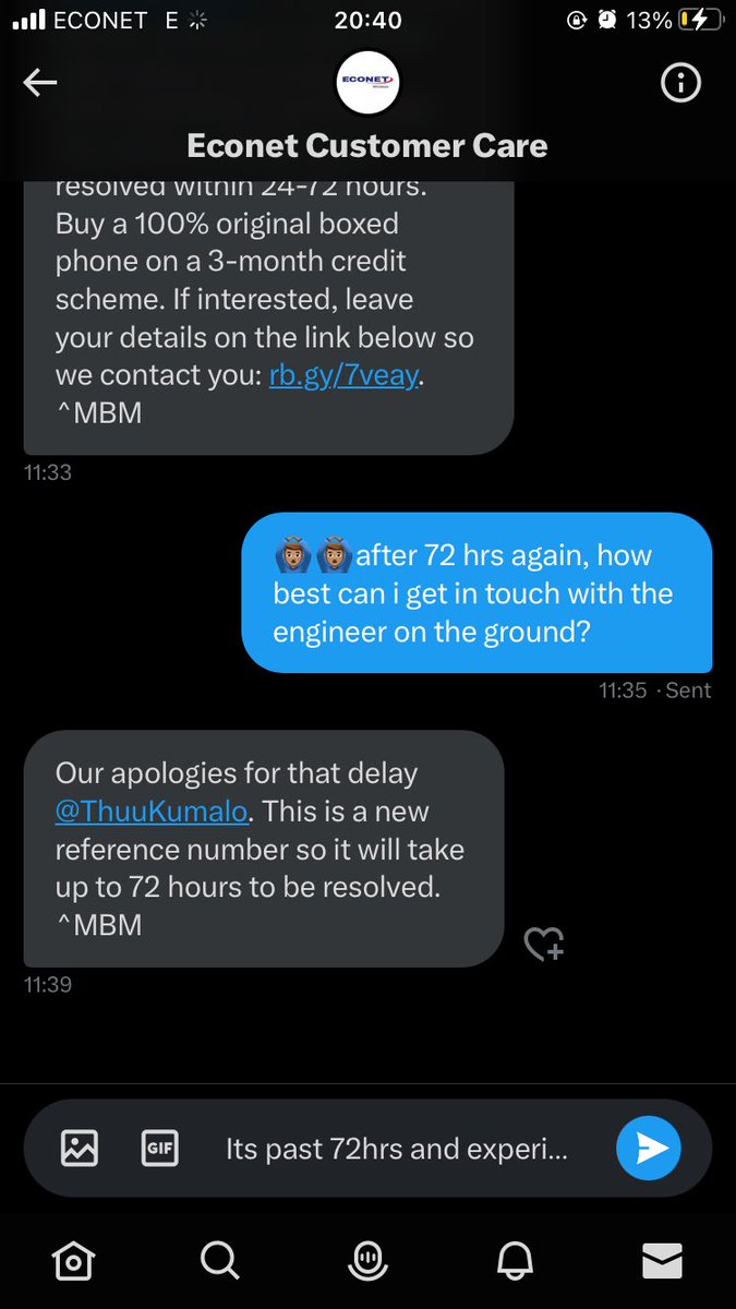 Ndokumbirawo mo mira zveku inbox muchitanga patsva ku tora ma details angu muchiti ndikupei location chi chi, booster is in sunninghill Bulawayo must be gibbs road, more than a week now, best help kuto tagger engineer on the ground nda bho nema 72hrs enyu <a href="/econetzimbabwe/">Econet Wireless</a>