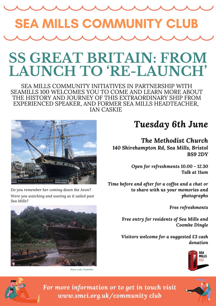 Talk with free refreshments, SS Great Britain - from launch to re-launch Sea Mills Methodist Church Tuesday 6th June. Doors 10am, talk 11am mailchi.mp/157b70c9fffd/s…