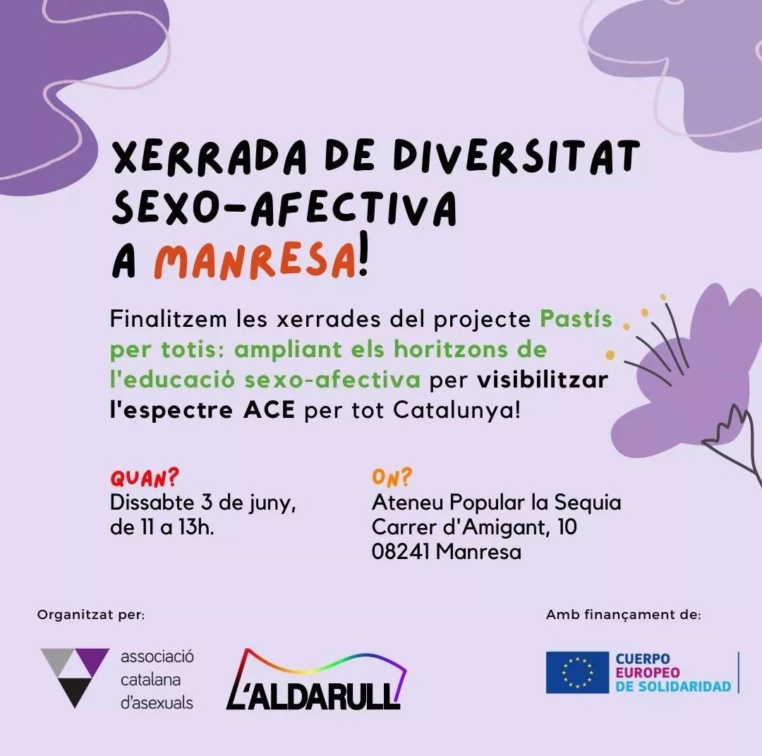 Xerrada per conèixer l'espectre asexual. 

📆 Aquest dissabte dia 3 de juny d'11h a 13h a  🏛️ @AteneuLaSequia

Xerrada feta per @asexualitat