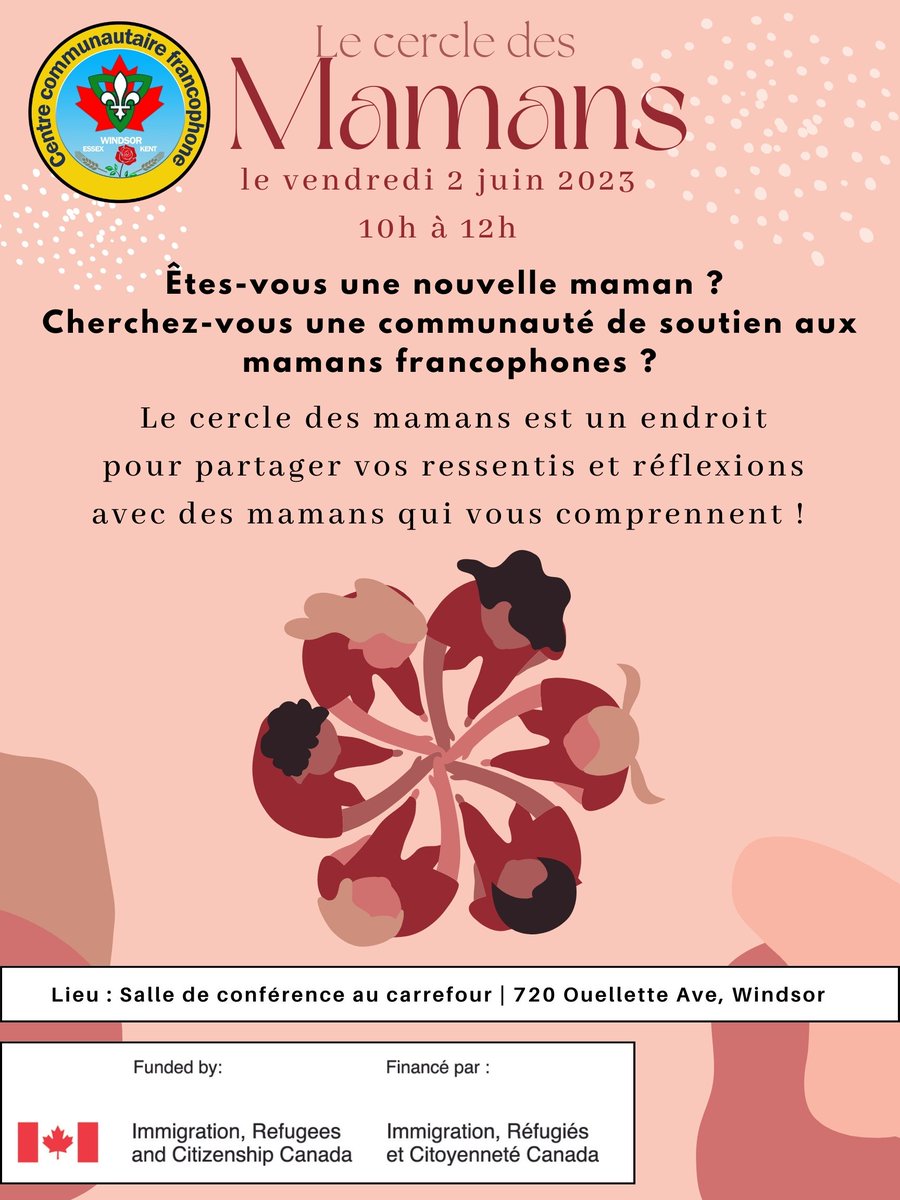Nouvelle maman à la recherche d'une communauté de soutien aux mamans francophones ?
Le CCFWEK vous invite à participer au "Cercle des mamans", un endroit pour partager vos ressentis et réflexions avec d'autres mamans qui vous comprennent !
Contactez le CCFWEK au 519 948 5545