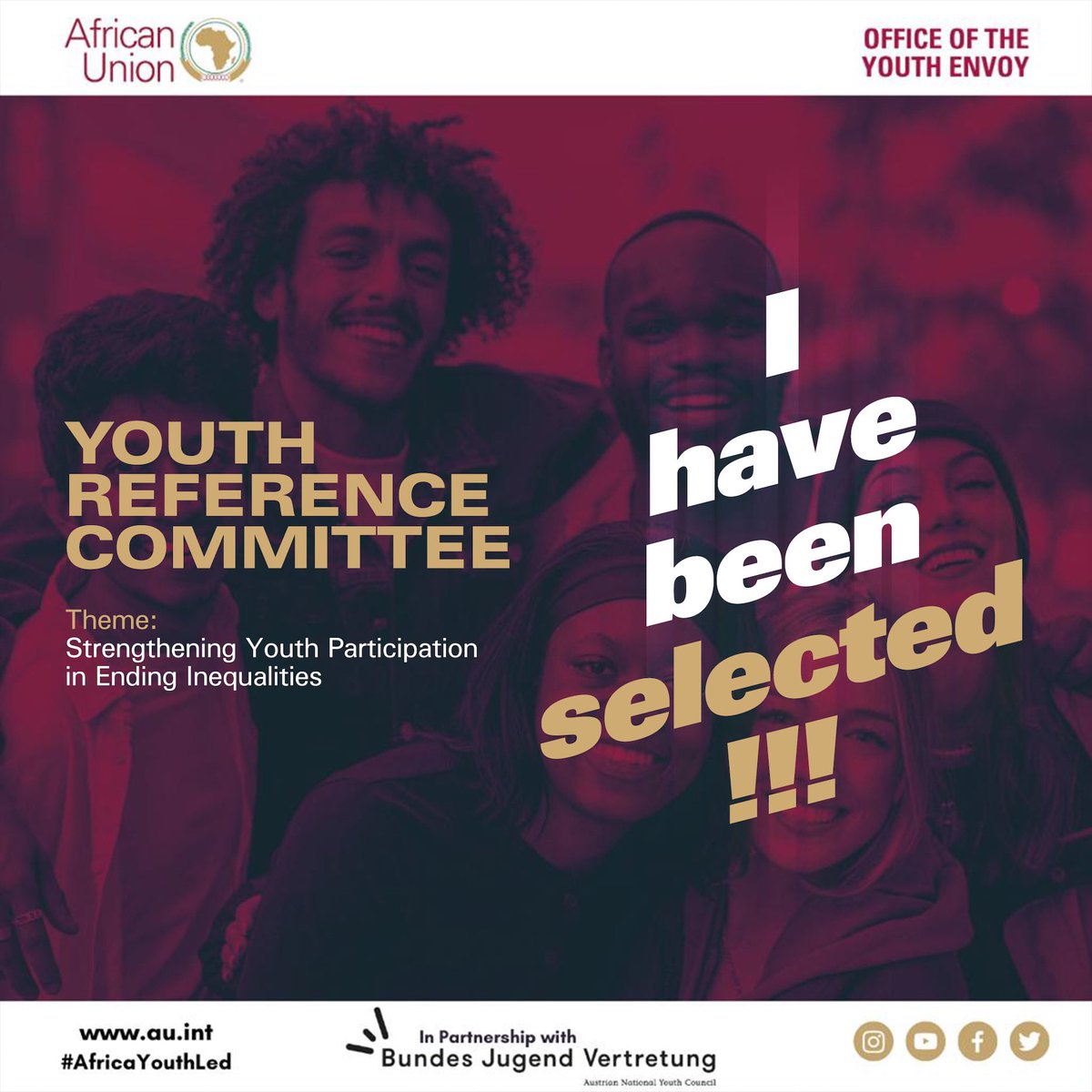I am excited to announce that I have been selected to join the Youth Reference Committee! I look forward to engaging with young people on Youth Civic Engagement & Advocacy. 

Let’s get to work. 

 #AfricaYouthLed #AUYRC2023 #SDGs4Agenda2063 #Partnerships4Change