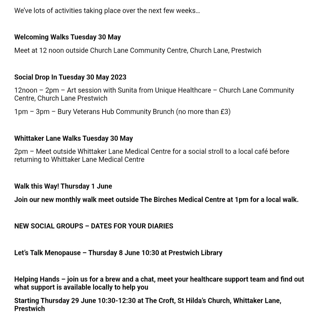We've got lots of social prescribing activities this week and some dates for your diaries! For more information please contact Julie.bentley8@nhs.net or Rebecca.martin67@nhs.net We would love you to join us and get involved! <a href="/juebee19/">Julie - Prestwich Social Prescriber</a> <a href="/RebeccaM2381/">Rebecca Martin - Whitefield social prescriber</a> <a href="/TeamPrestwich/">Prestwich Integrated neighbourhood team</a> <a href="/cooperj100/">Julie RN SPQ-DN QN NMP</a>