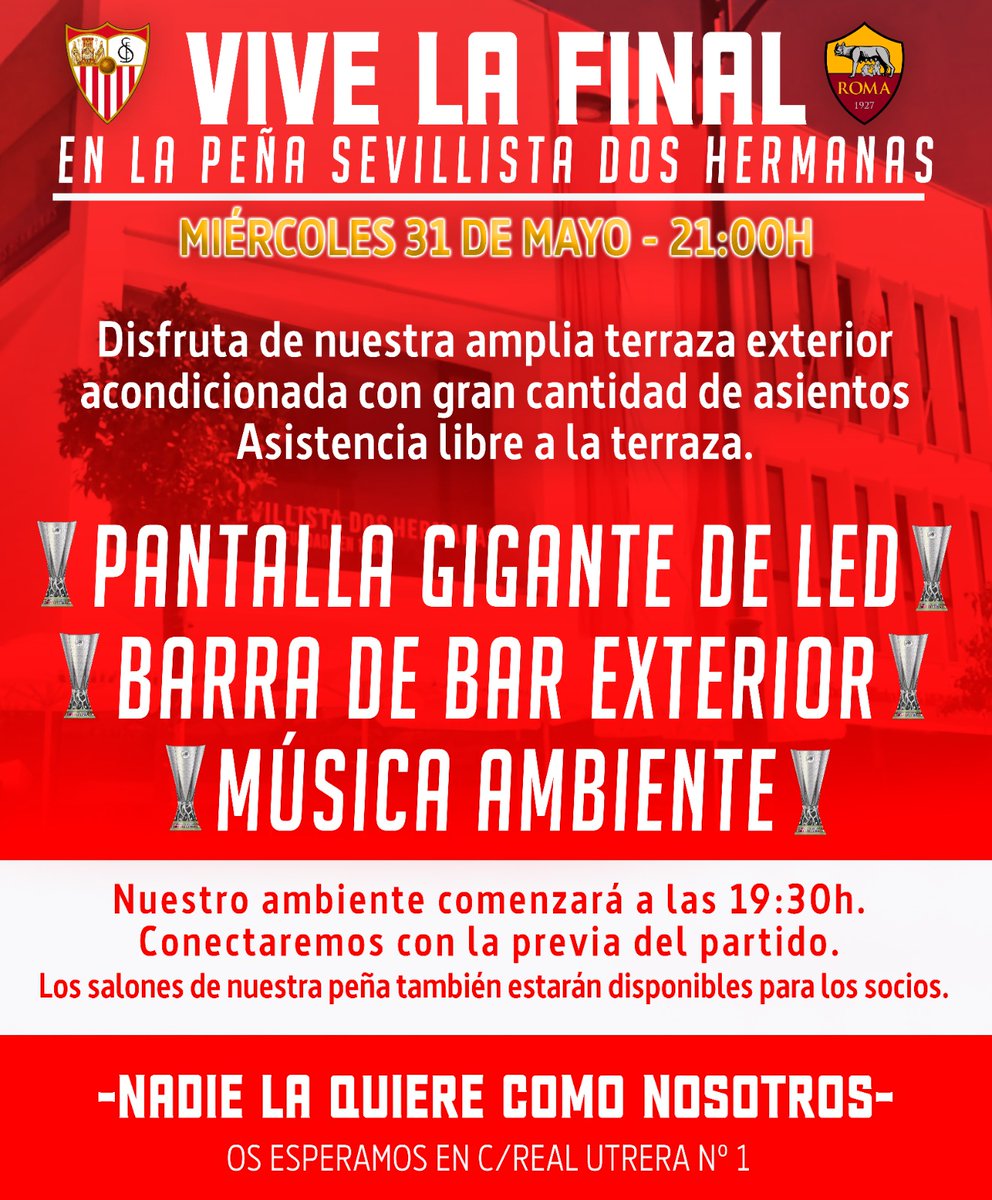 🔴 ¡¡¡Menos de 48 horas para una nueva final!!! 

🏆 ¿Preparados y preparadas para llevar en volandas a nuestro equipo, a un nuevo título europeo? 🇪🇺

⚪ DESEANDO veros el miércoles en nuestra peña. JUNTOS y JUNTAS, a por la 7ª Europa League, para nuestro <a href="/SevillaFC/">Sevilla Fútbol Club</a>. 💪🏼♥️⚽🏆🇭🇺🔜