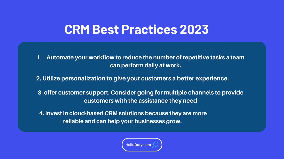 helloduty's tweet image. As businesses enter more digitalized and interconnected spaces, CRM best practices are needed more than ever. By incorporating data intelligence and multi-user collaboration you can optimize CRM performance. 

#CRM2023 #CRMBestPractices #customerxperience