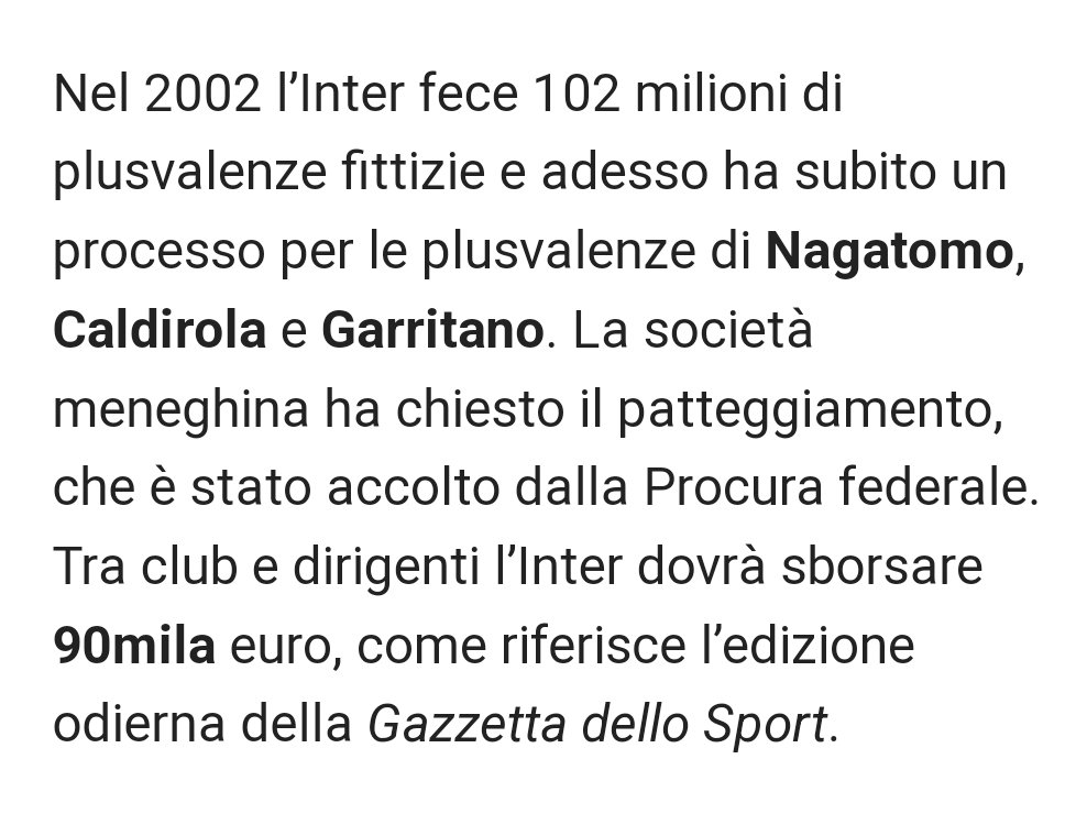 L'#Inter nel 2002 patteggiò con 90mila euro di multa a fronte di 102 milioni di #plusvalenze fittizie. E ci vengono a fare la morale.