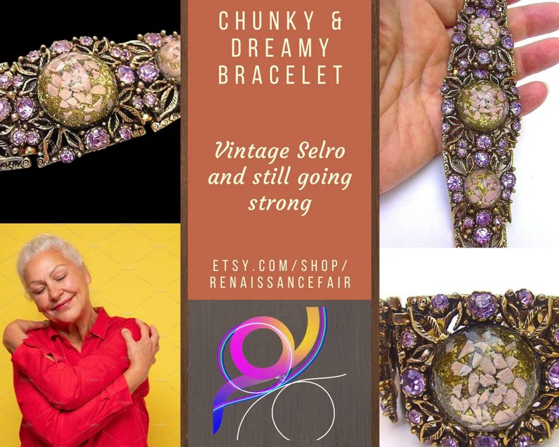 SELRO Heavy Lucite Pink Confetti Bracelet, Purple Rhinestones, High Domed Cabochons, Vintage BookPiece etsy.me/45AuMW6 #pink #purple #women #glass #hingedclip #lucite #pinkconfetti #heavybracelet #unsigneds