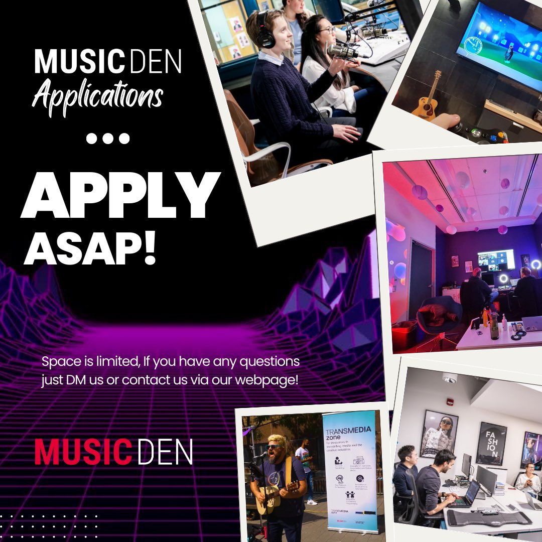 Time’s running out to apply to The Music Den! We wanted to post ‘5 best reasons’ to join, but Twitter (shrugs)! 

DM us or check out our Linktree for all information! linktr.ee/musicdenca