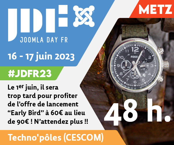 joomlafrance's tweet photo. Le 1er juin, il sera trop tard pour profiter de l'offre de lancement "EARLY BIRD" à 60€ au lieu de 90€ ... N'attendez-plus !!!📷
https://t.co/IUpgmuGLab
#jdfr23 #cms #afuj #joomla #joomladay #siteweb #metz #moselle #grandest #seo #referencementweb #joomlers #planethoster https://t.co/HmqJXzNjc3