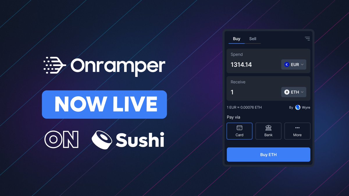 SushiSwap's tweet photo. Did you know?

We have partnered with @GetOnramper, a leading fiat onramp solution, to provide Sushi users with a seamless experience of buying cryptocurrencies using credit or debit cards 💳 https://t.co/MUUx3n2QUP
