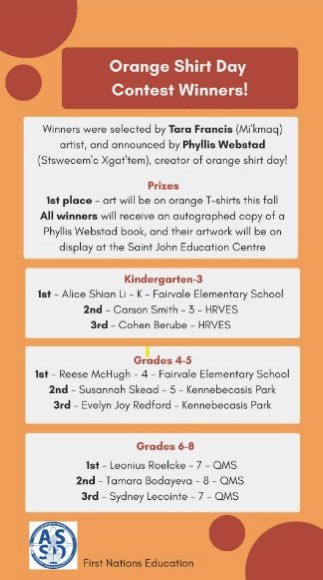 Congratulations to Alice in K Barry and Reese in 4 Elias for their winning entries in ASD-S Orange Shirt Day Contest ! Their art will be featured on Orange T-Shirts in the fall.
