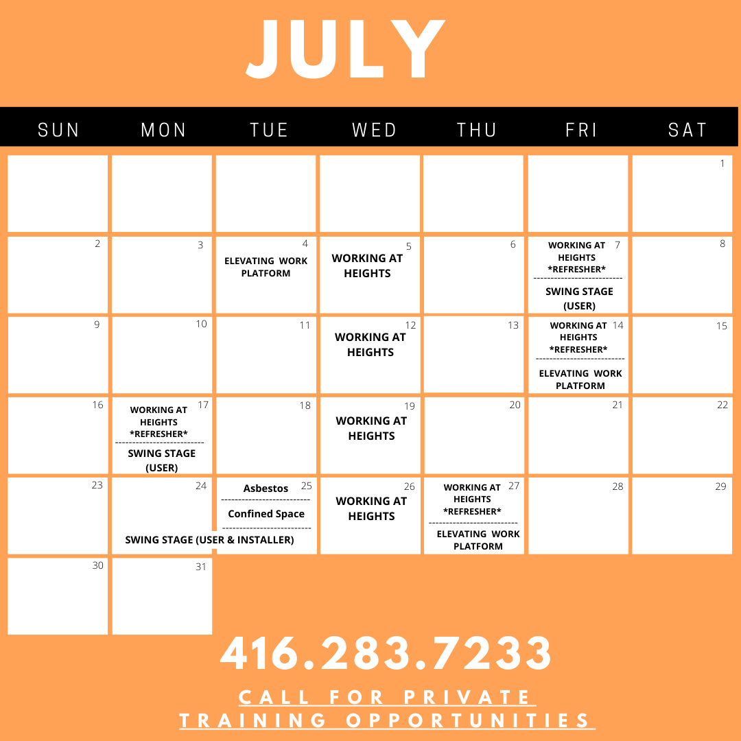 July Calendar is here!!
#safety #healthandsafety #safetytraining #training #workingatheights #asbestos #aeriallift #boom #scissorlift #JHSC #part1 #part2 #refreshertraining #trianing #AFS #swingstage #hoistingandrigging