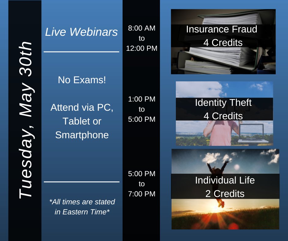 Tomorrow: Earn #InsuranceCE credits without leaving your home or office - #NoExams!

Register now for #InsuranceFraud, #IDTheft, or #IndividualLife at:  bit.ly/3qg4LeK 

#EasyCE #RemoteCE